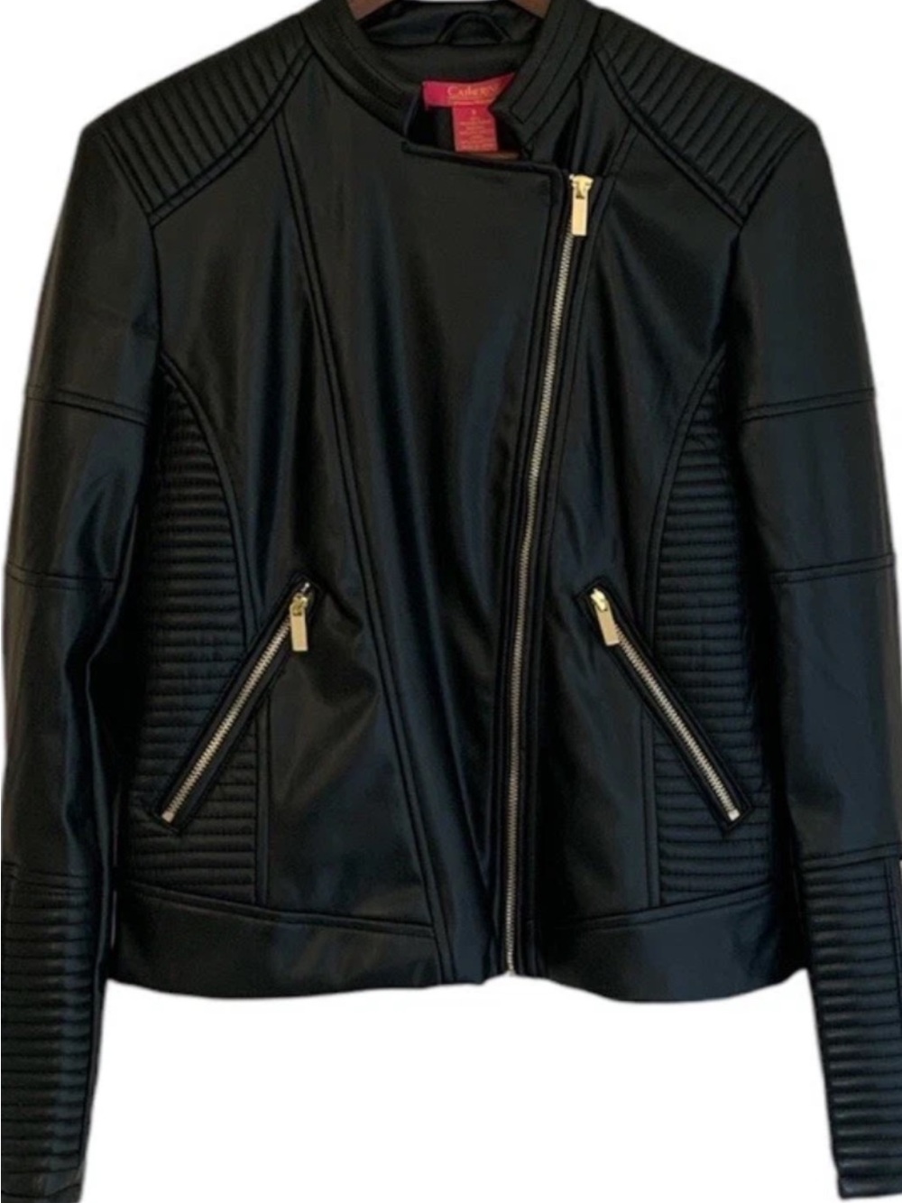 Catherine Malandrino Black Faux Leather Quilted-Panel Moto Jacket